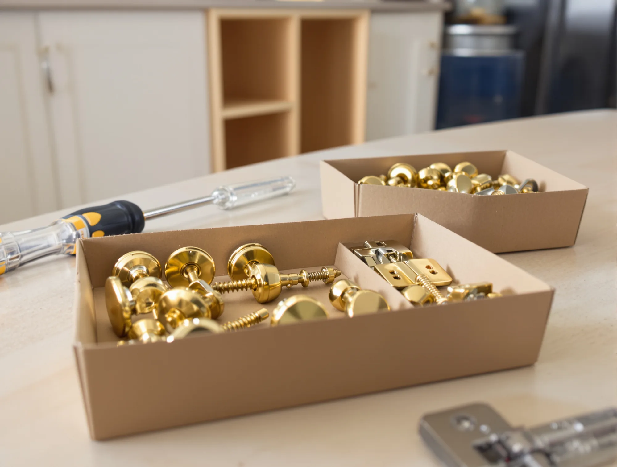 Trays of brass cabinet pulls and hinges sorted on a kitchen counter beside a screwdriver