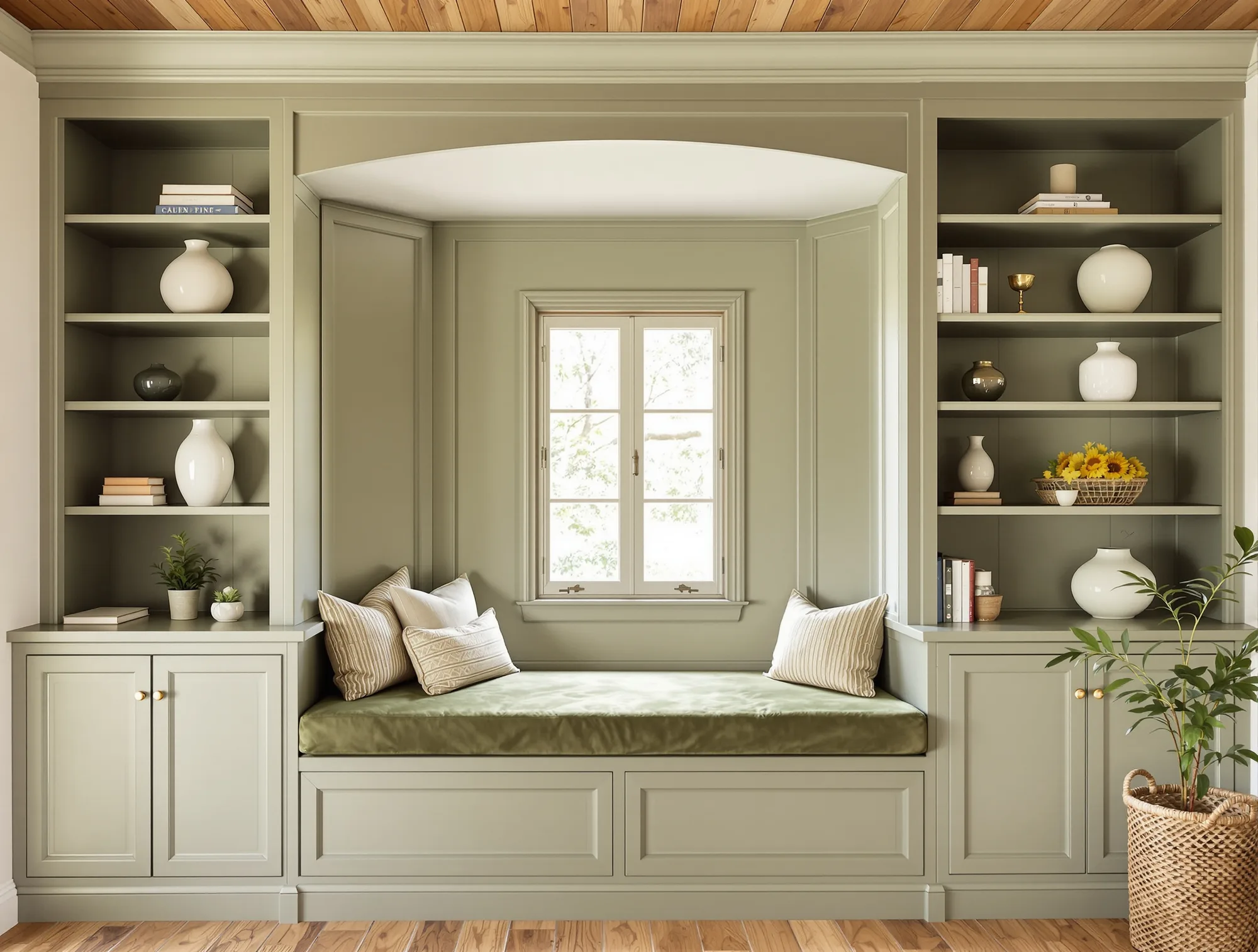 Built in bookcase and window seat painted deep olive green in a room with plaster walls and vigas