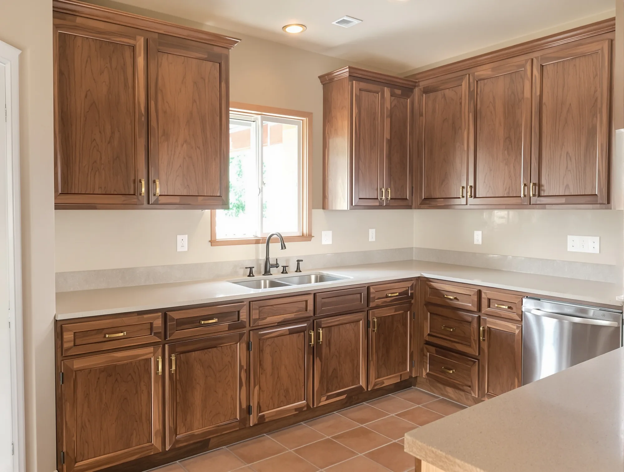 Kitchen cabinets in a rich walnut brown stain with visible wood grain, brass pulls and a light countertop