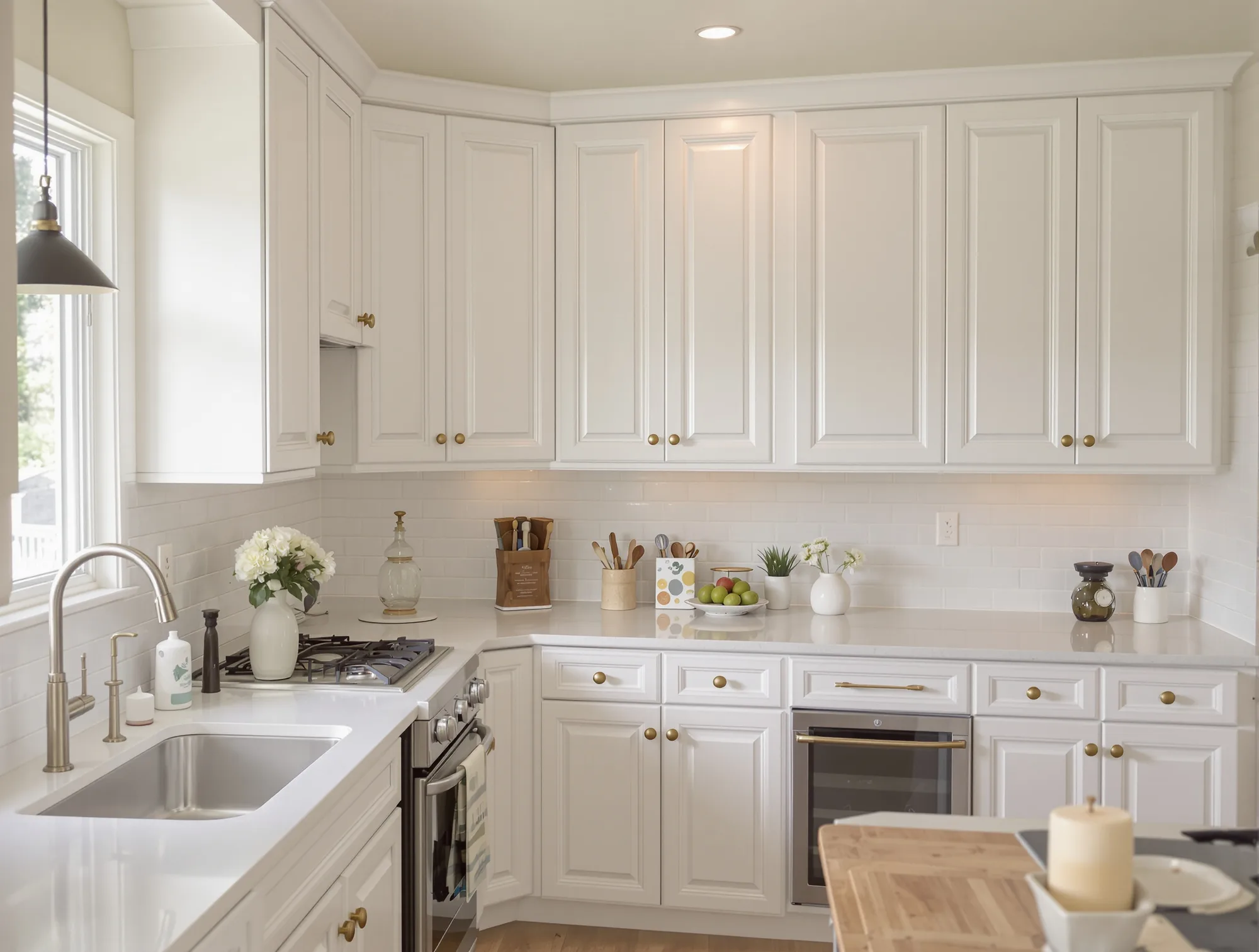 Freshly painted warm white shaker cabinets reinstalled with brass knobs in a clean kitchen