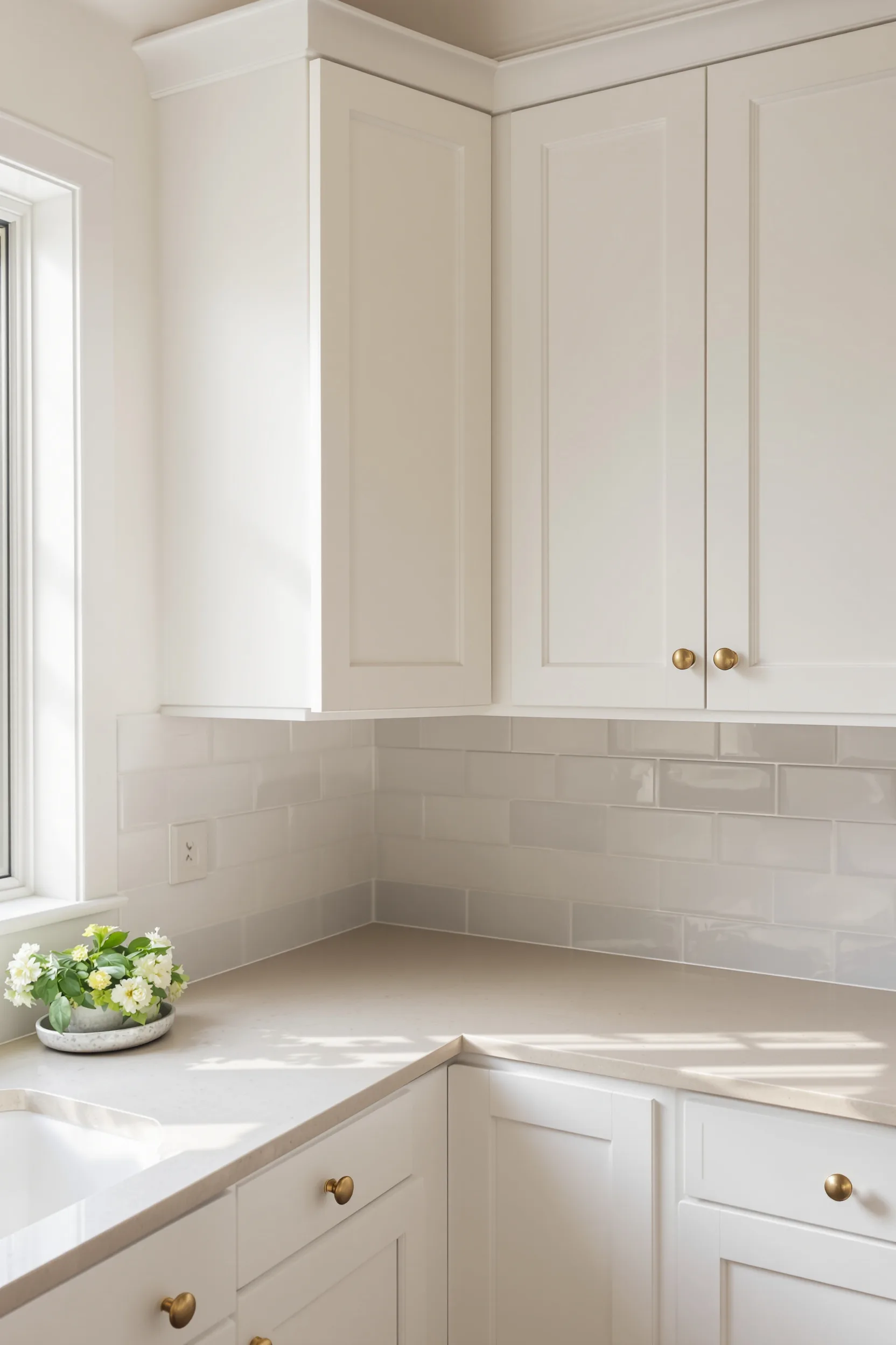 Soft white shaker cabinets with brass knobs and a smooth satin finish in warm morning window light