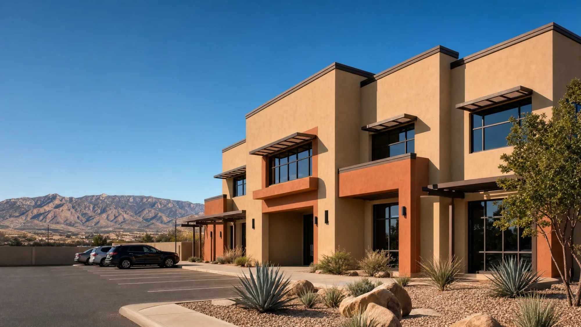 Freshly painted Southwestern stucco office building