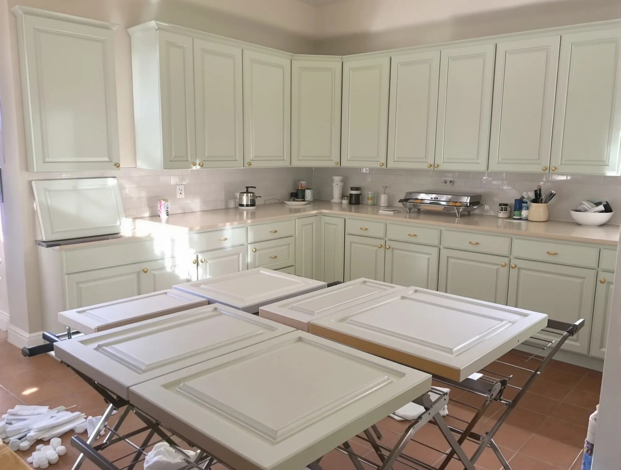 Kitchen with freshly painted sage green shaker cabinets and doors drying on padded racks