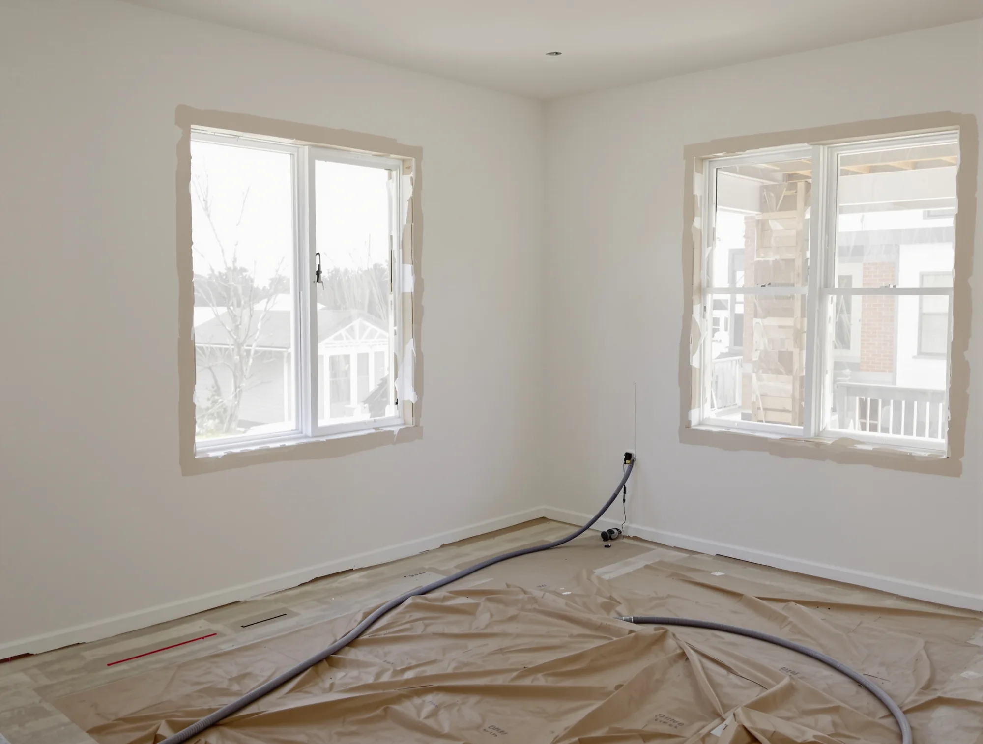 New home at the paint stage with primed drywall, masked windows and paper covered floors