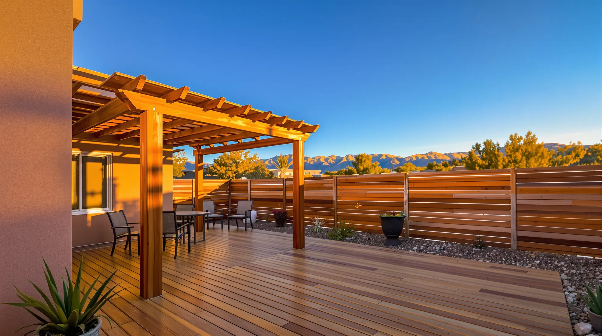 Freshly stained backyard deck and fence
