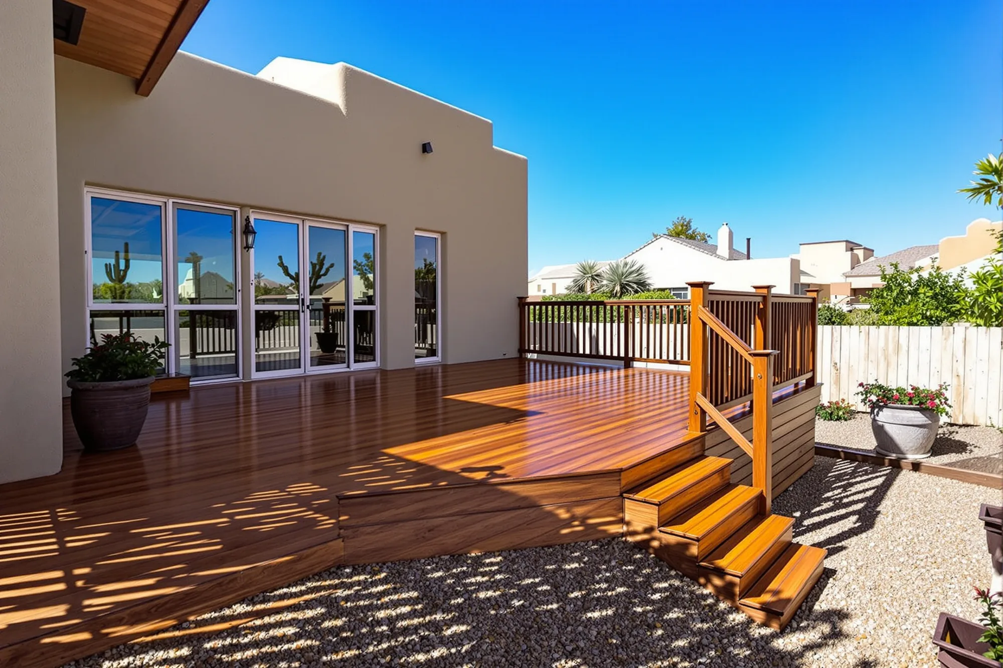 Freshly stained raised wood deck and stairs off the back of a stucco home in afternoon light