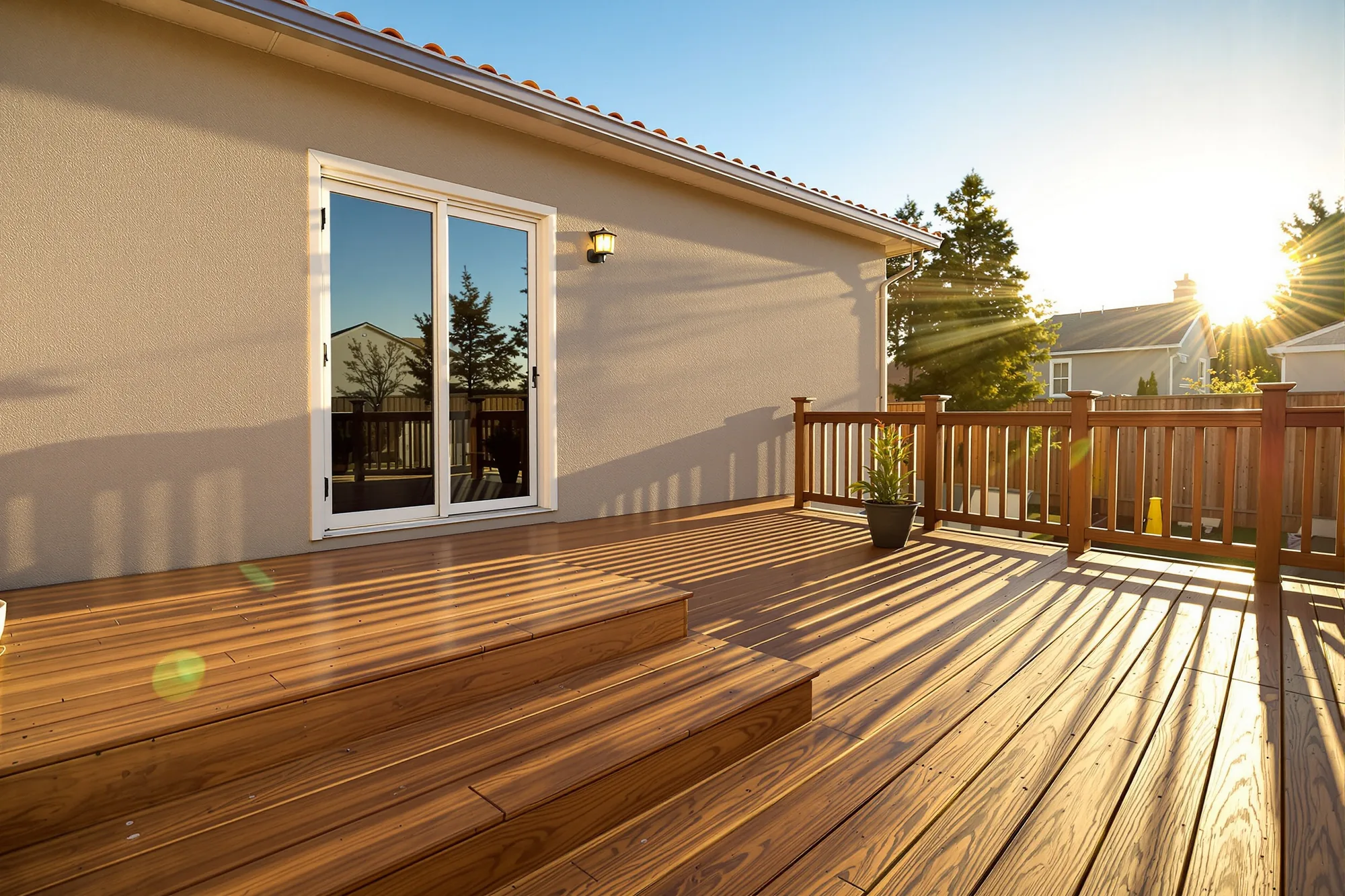 Finished freshly stained deck and steps at golden hour