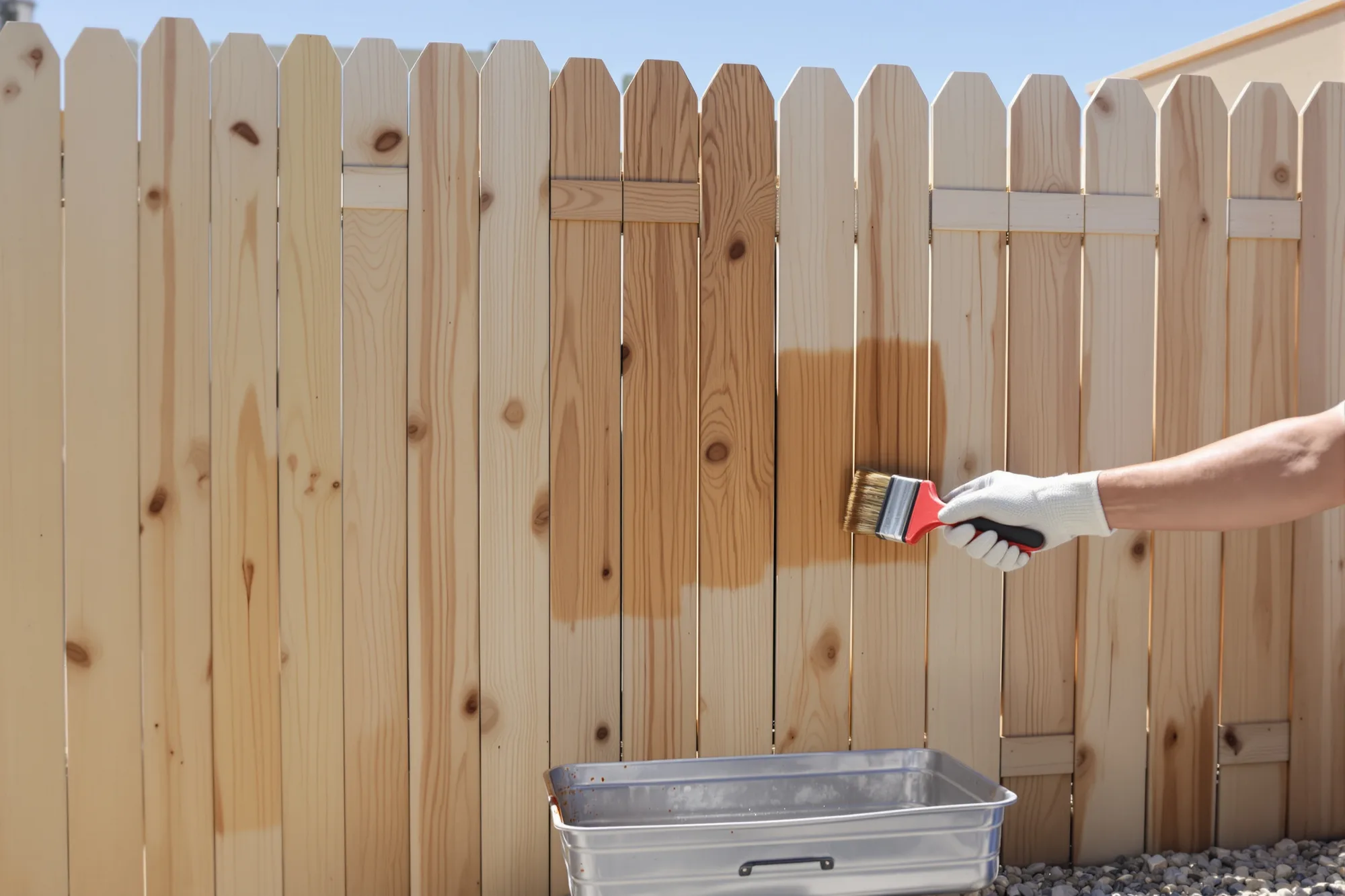 Brush spreading cedar stain across the pickets of a wood privacy fence