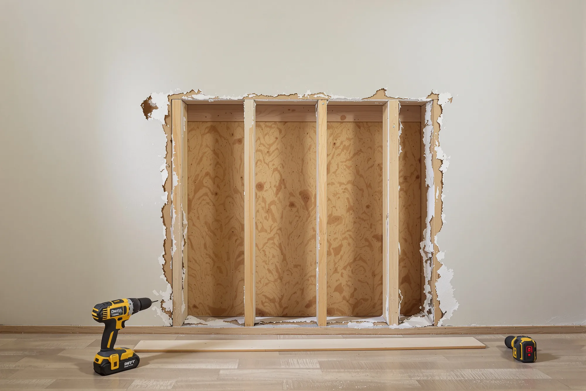Clean rectangular cutout in drywall showing the studs and a wood backing strip screwed in place