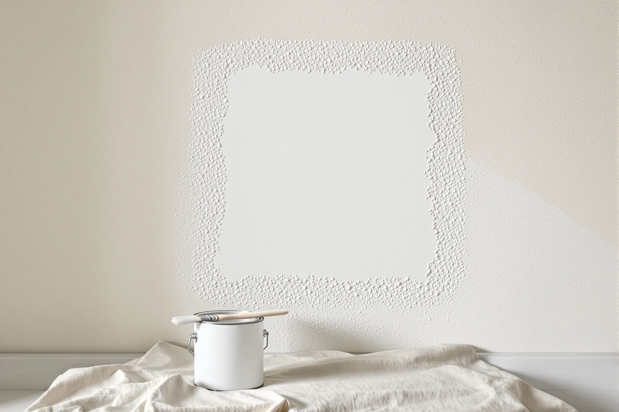 Freshly primed drywall patch in bright white on an off-white textured wall, with a brush on a primer can