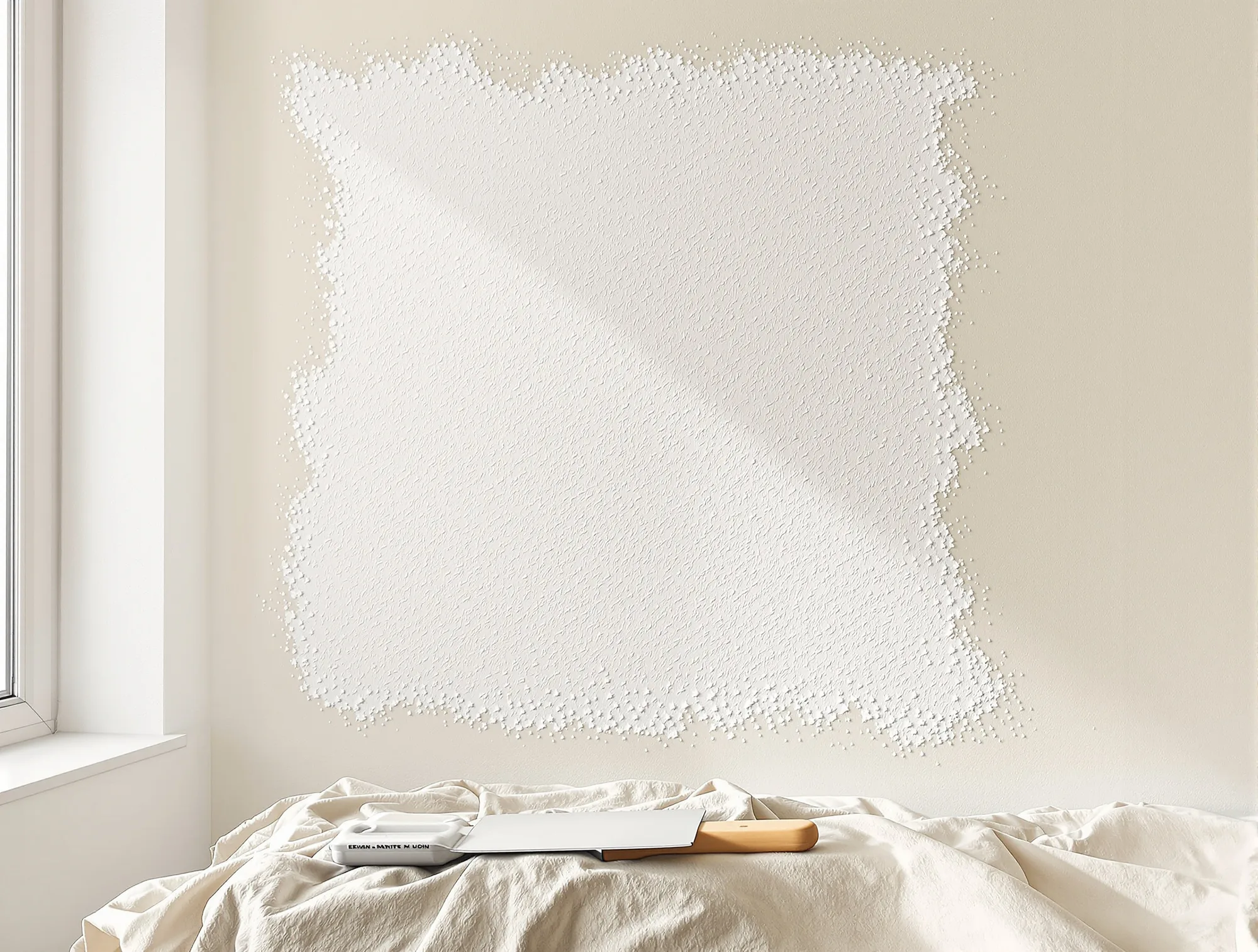 Texture sprayer on a drop cloth beside a wall with fresh knockdown blending into the old texture