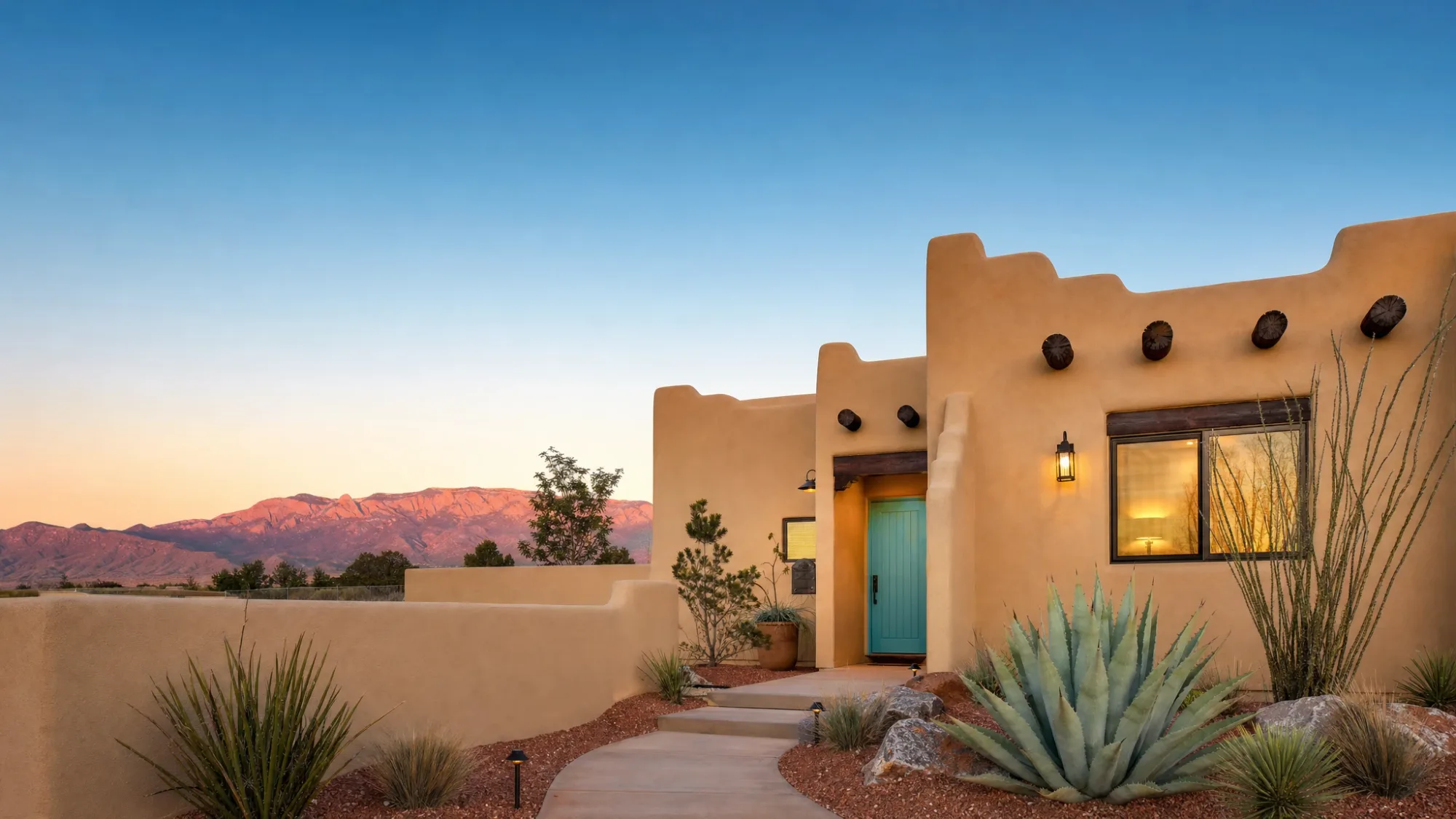 Freshly painted Pueblo Revival stucco home at golden hour with the Sandia Mountains behind it