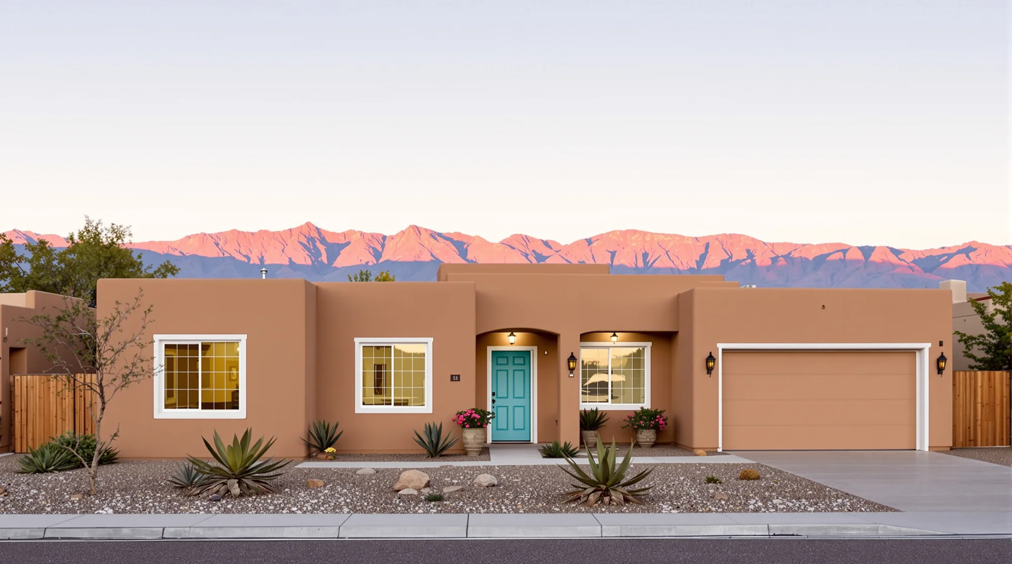 Freshly repainted Pueblo Revival stucco home with a turquoise front door and the Sandia Mountains at sunset