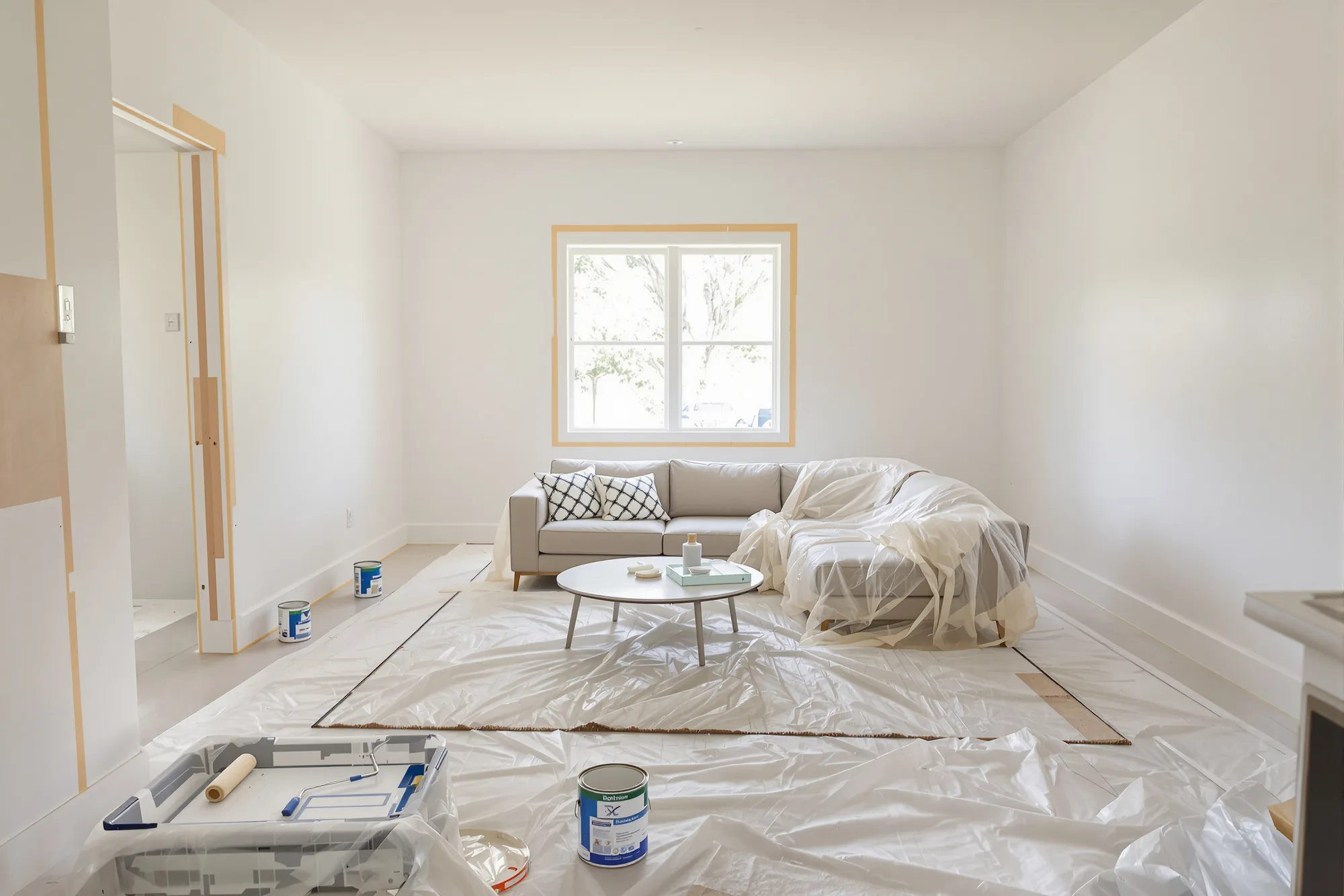 Living room prepared for painting with the furniture under plastic, drop cloths down and baseboards taped