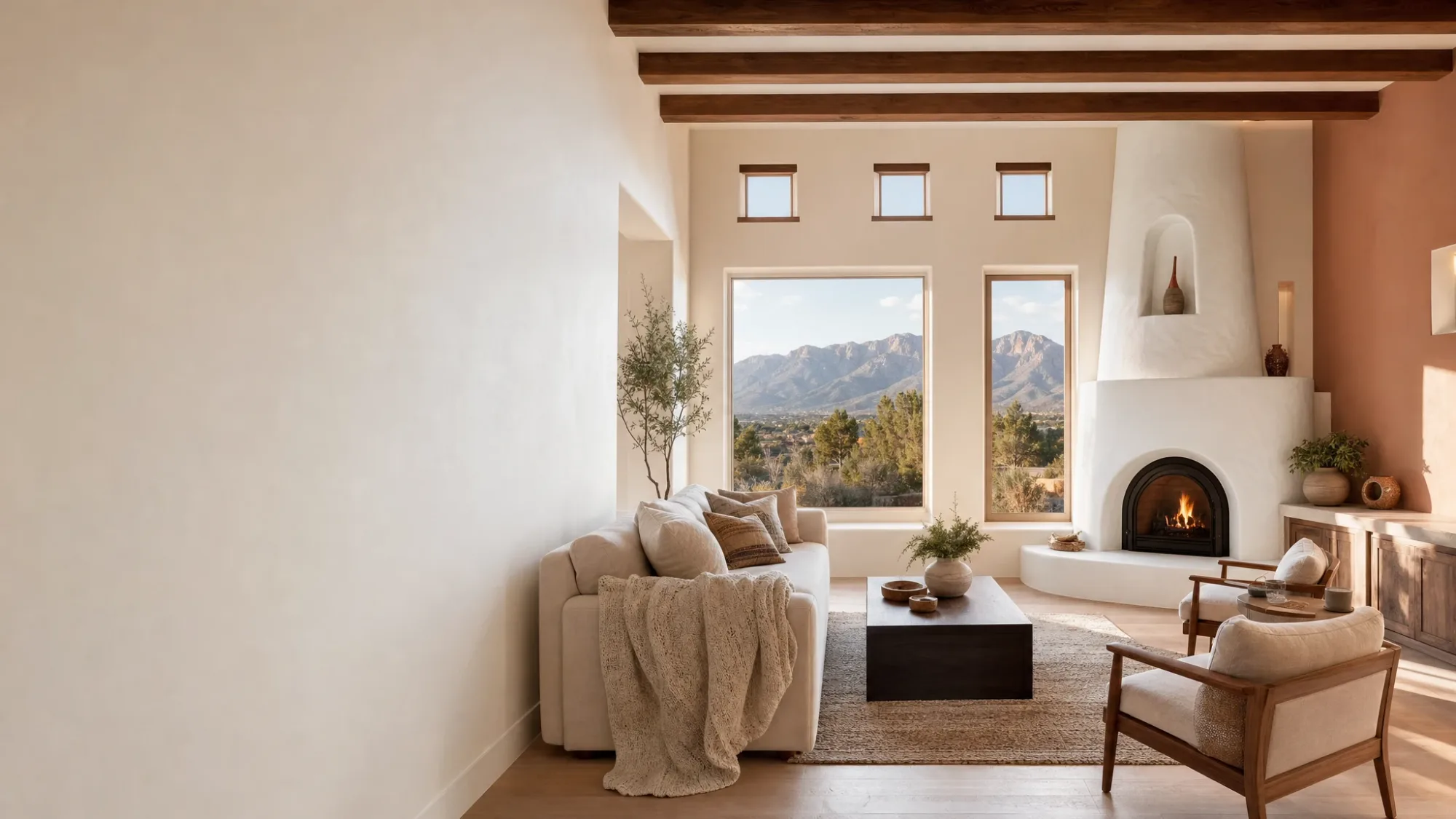 Freshly painted great room with warm white walls, vigas and a kiva fireplace