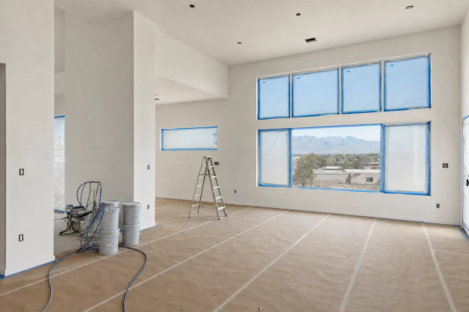 New home interior with freshly primed drywall