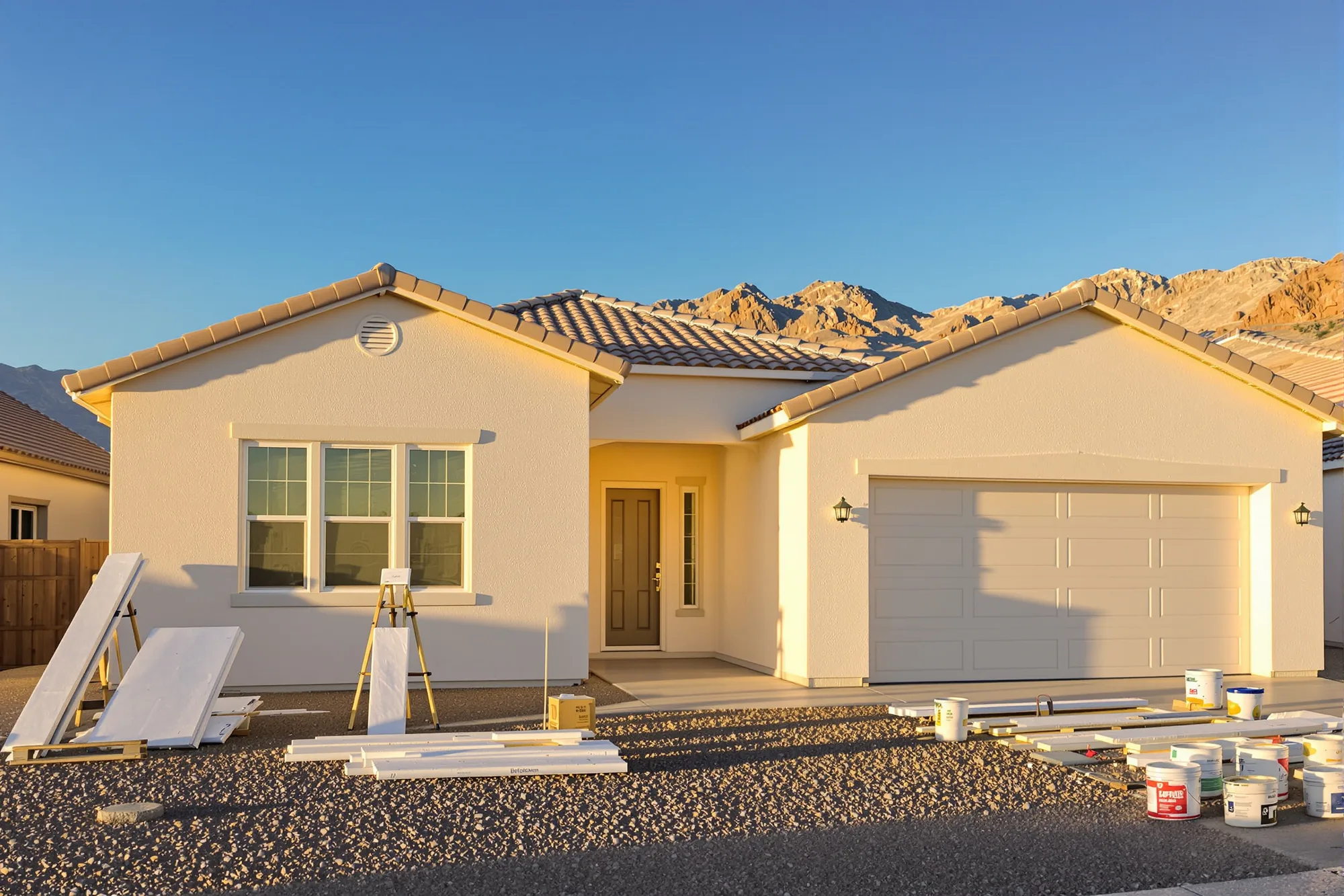 Nearly finished new stucco home in an Albuquerque subdivision with trim boards and paint by the garage