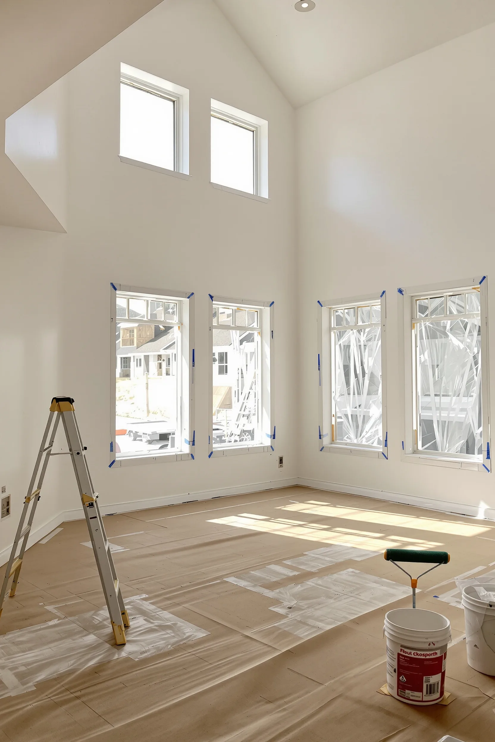 Great room in a new home with freshly primed white walls, masked windows and builder paper on the floor