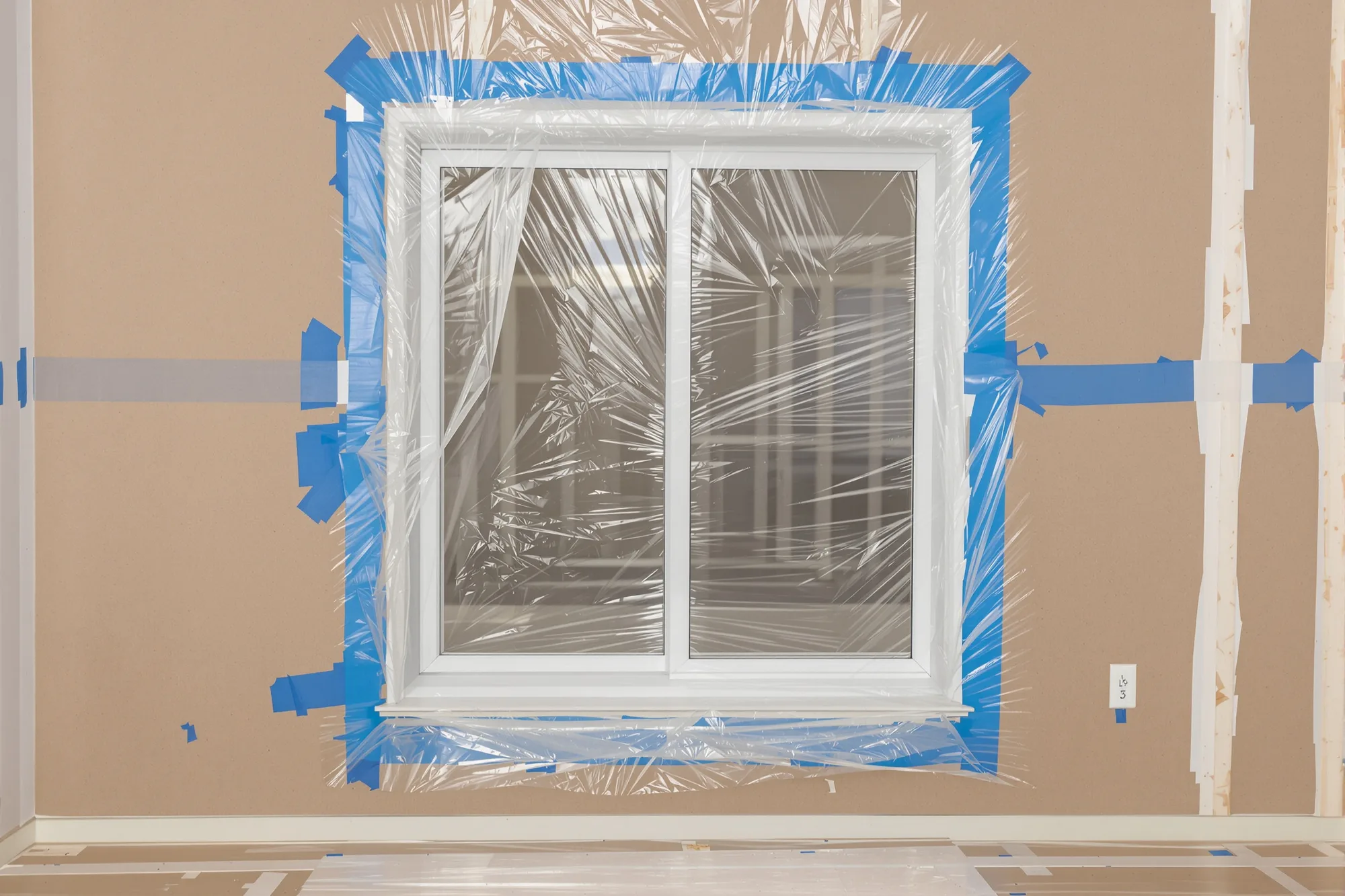 New window masked with plastic and blue tape above paper-covered floors