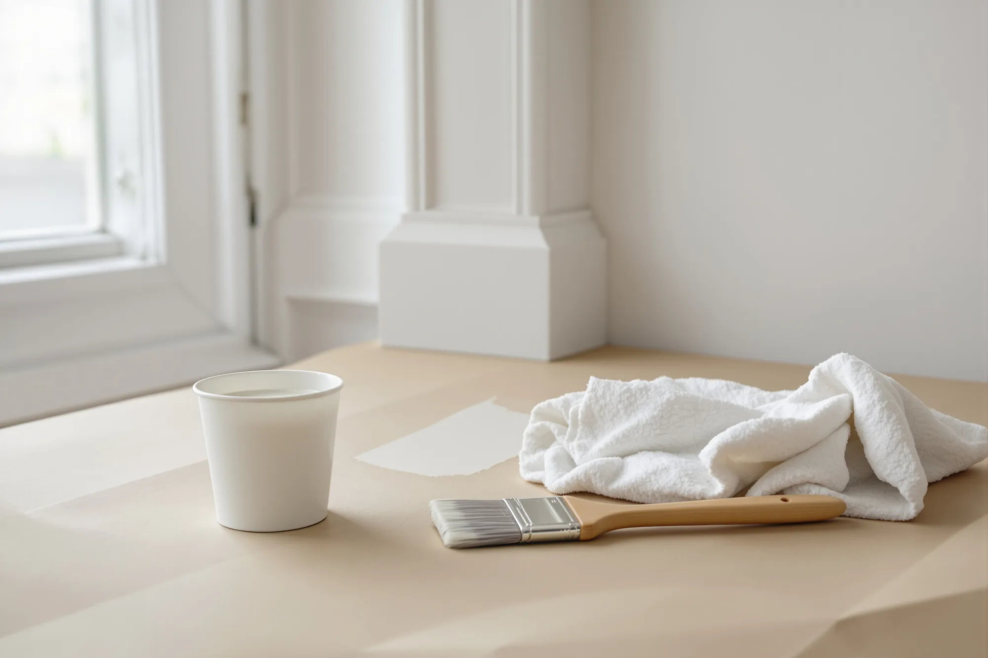 Touch-up brush and a small cup of paint on a new window sill beside a freshly painted wall