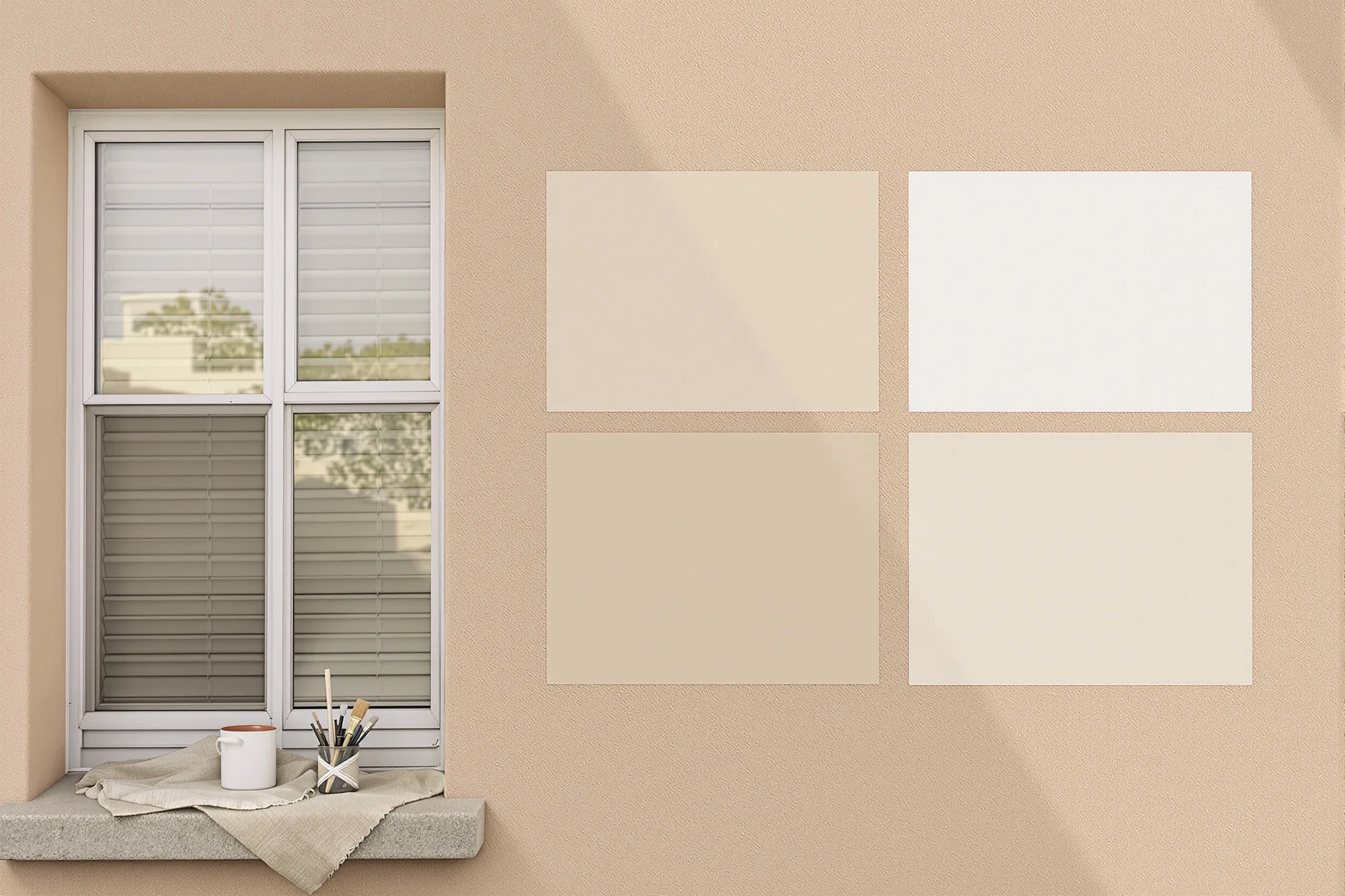 Three large sand, greige and warm white paint samples on a stucco wall beside a window