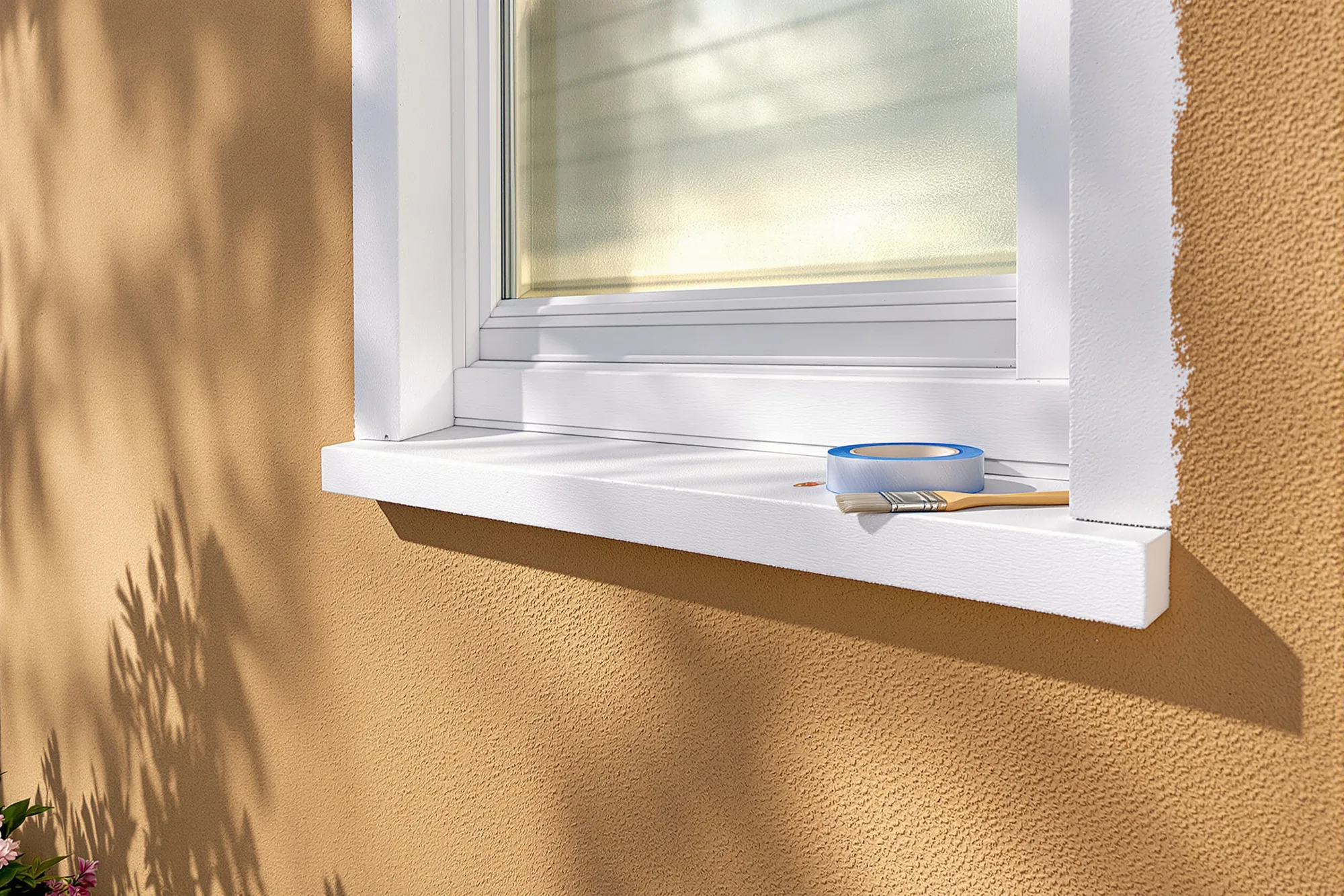 Crisp white window trim against tan stucco with a roll of tape and a brush on the sill