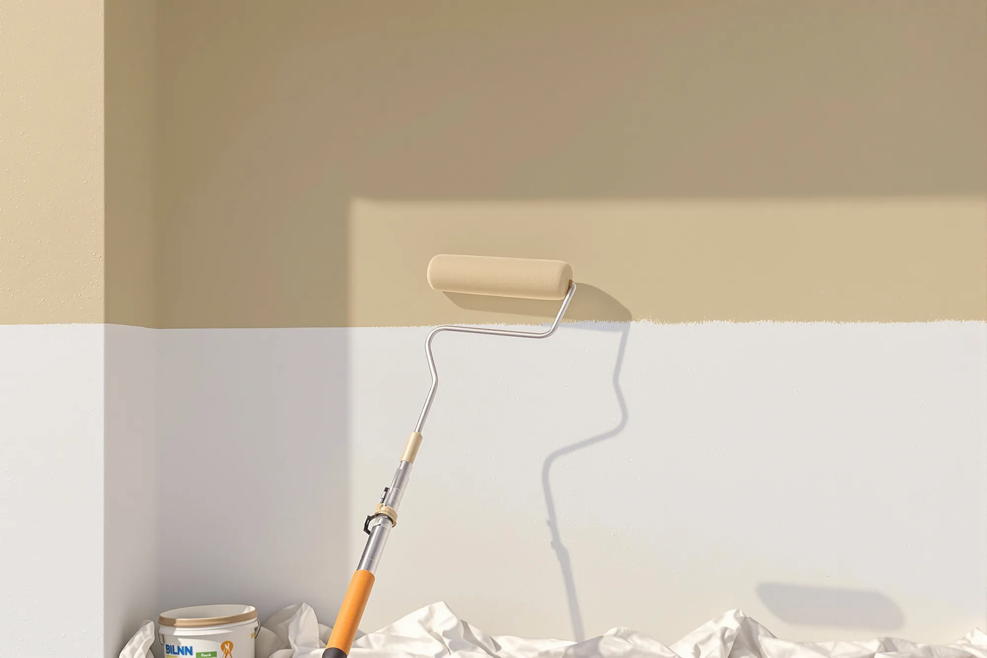 Roller on a pole rolling fresh sand colored paint onto a stucco wall