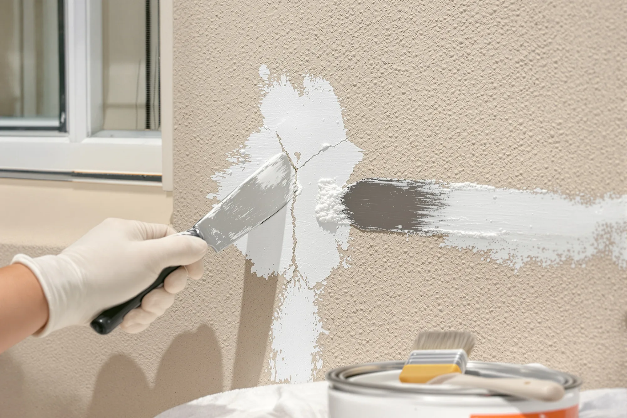 Gloved hand filling a crack in a stucco wall with patching compound