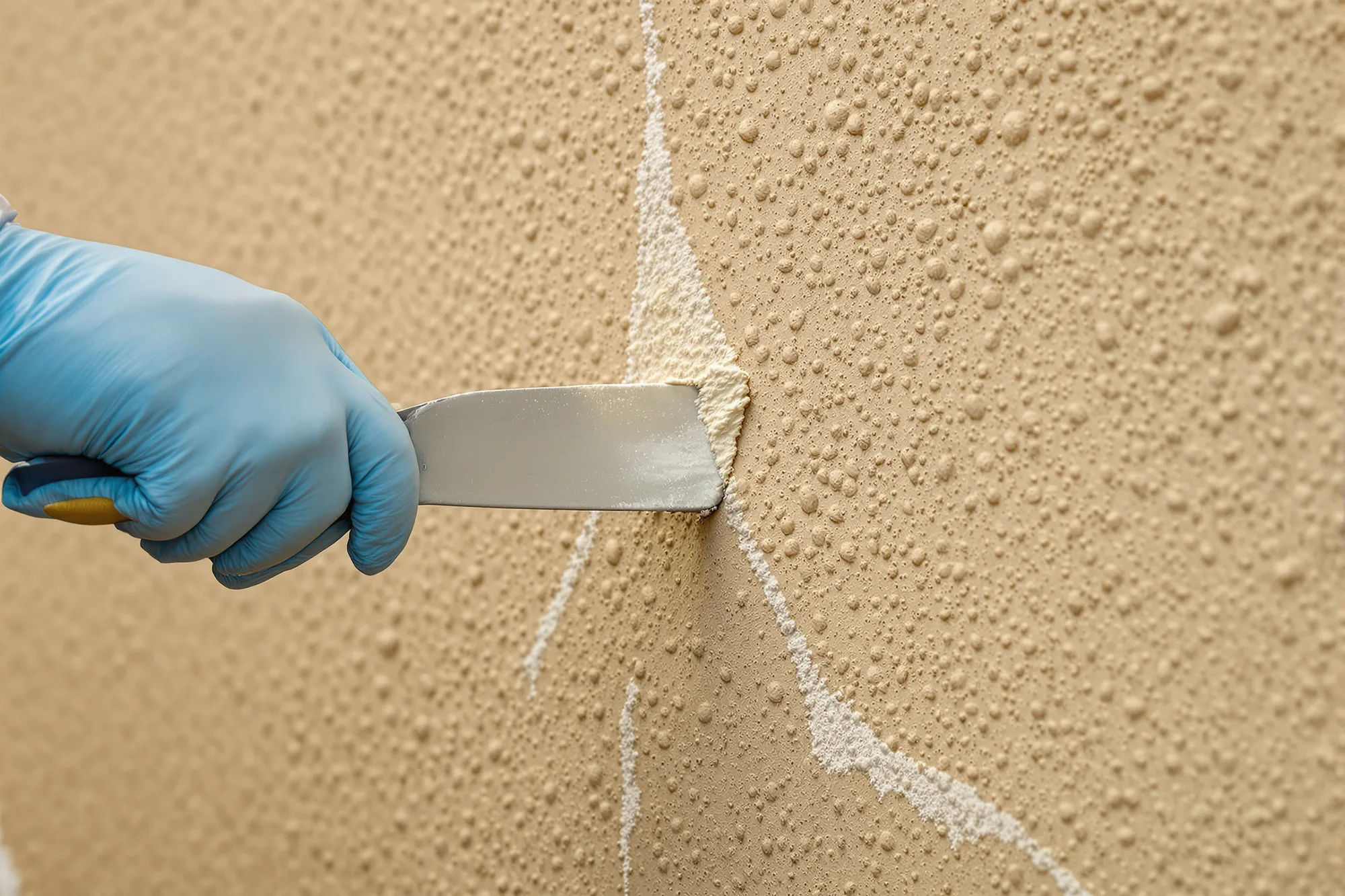 Gloved hand pressing patch into a crack in tan stucco and feathering it to match the sand finish