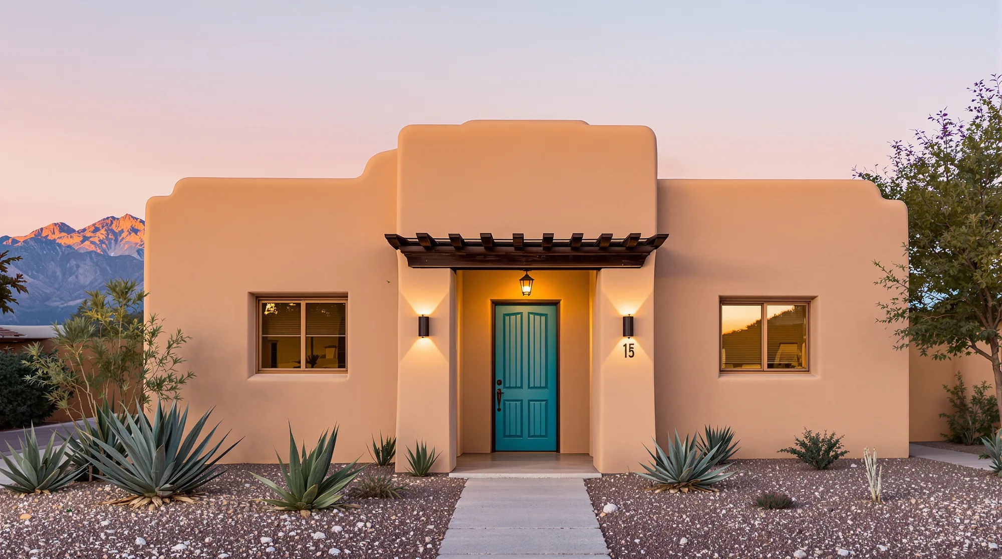 Freshly painted Pueblo style stucco home with rounded parapets