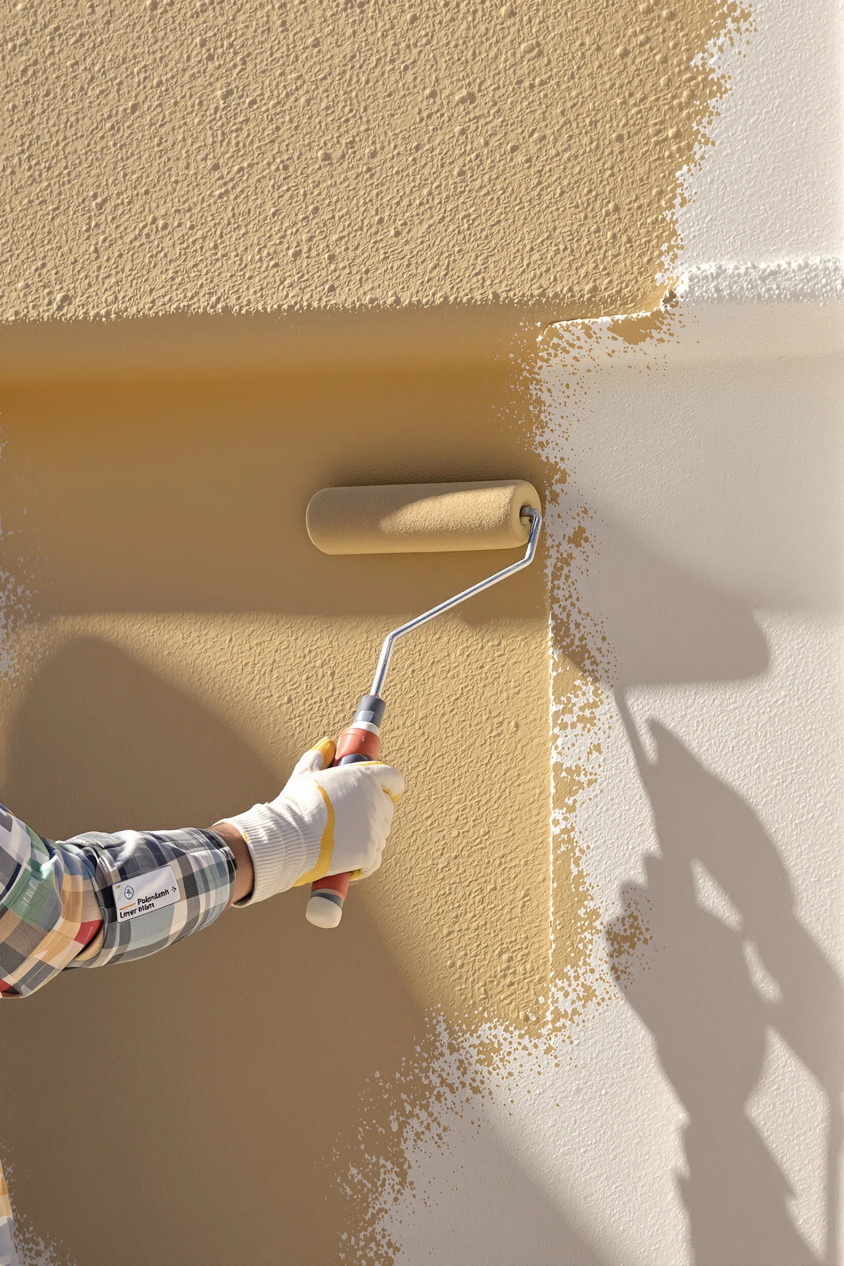 Gloved hand rolling fresh sand colored masonry paint onto a faded stucco wall in bright sun