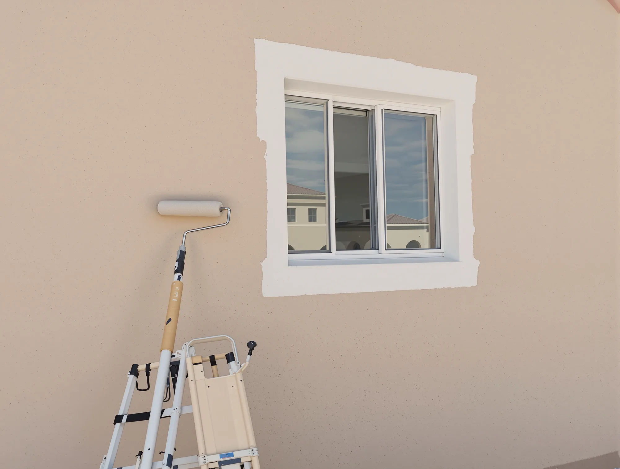 Smooth sand colored painted stucco wall with crisp white window trim and a roller on a pole